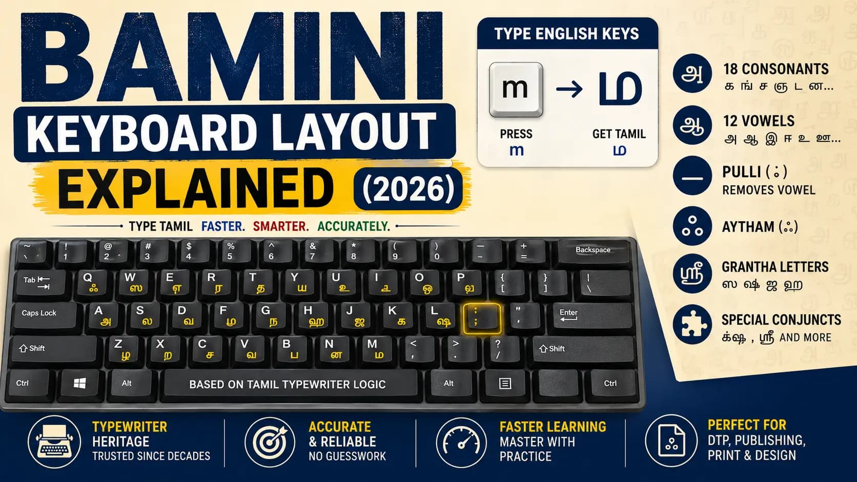 Bamini keyboard layout chart showing Tamil characters mapped to English QWERTY keys for DTP and print typing