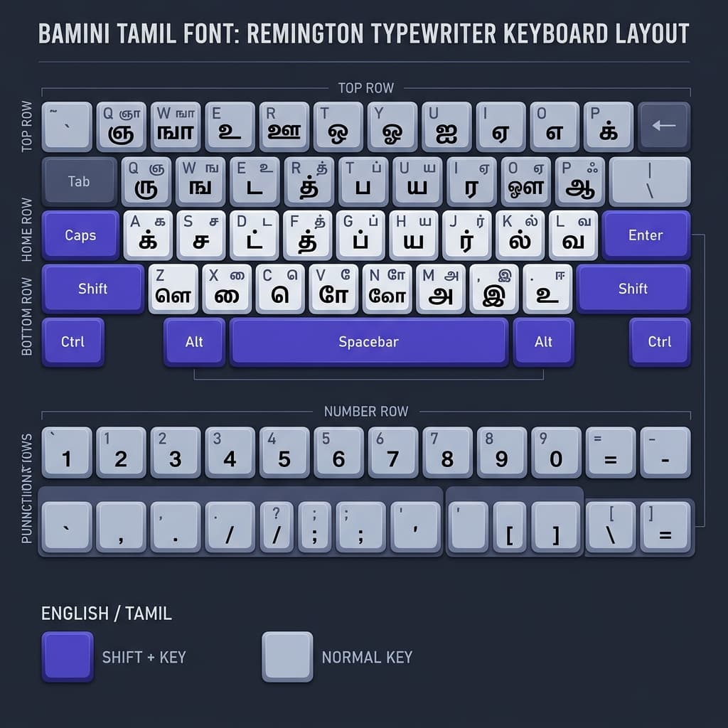 Bamini Tamil keyboard layout chart showing all Tamil characters — consonants, vowels, and Pulli — mapped to English QWERTY keys