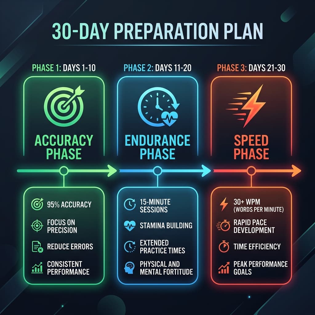 30-day CPCT typing preparation plan divided into accuracy phase endurance phase and speed phase