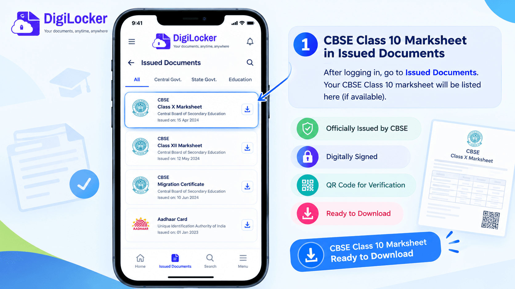 DigiLocker Issued Documents screen showing CBSE Class 10 marksheet ready to download