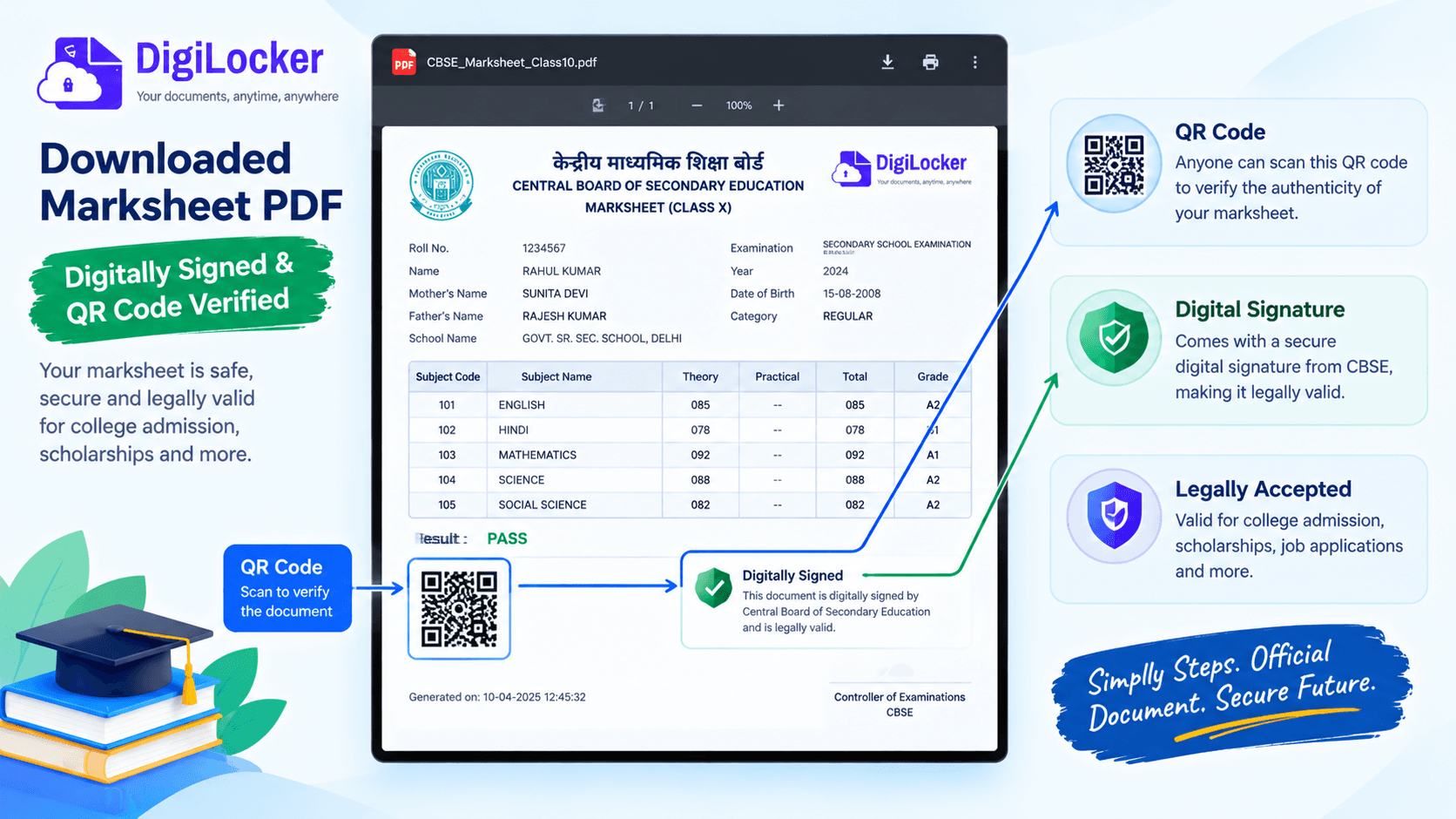 Downloaded DigiLocker marksheet PDF with digital signature and QR code