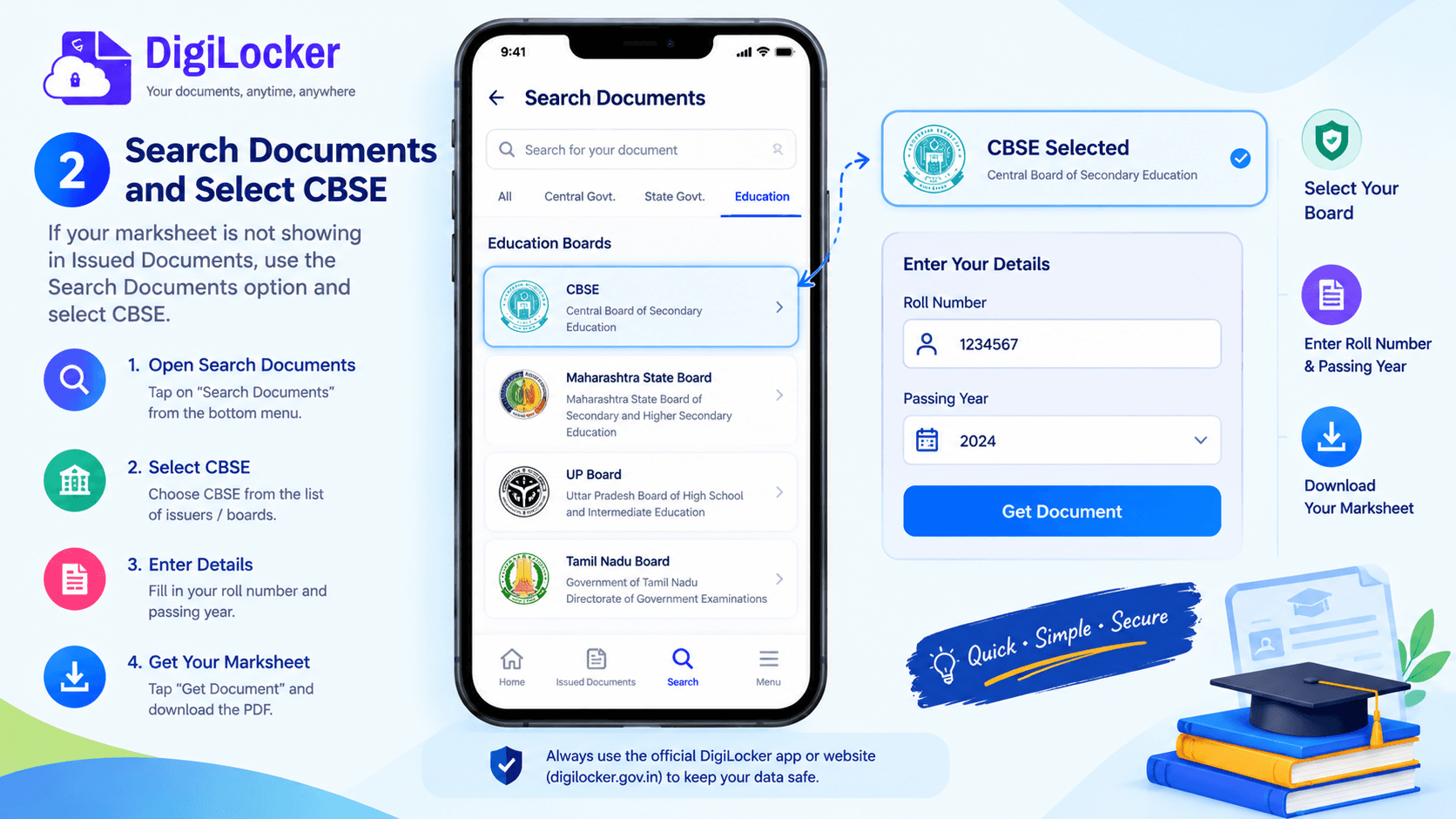 DigiLocker Search Documents screen with CBSE selected and roll number and passing year fields