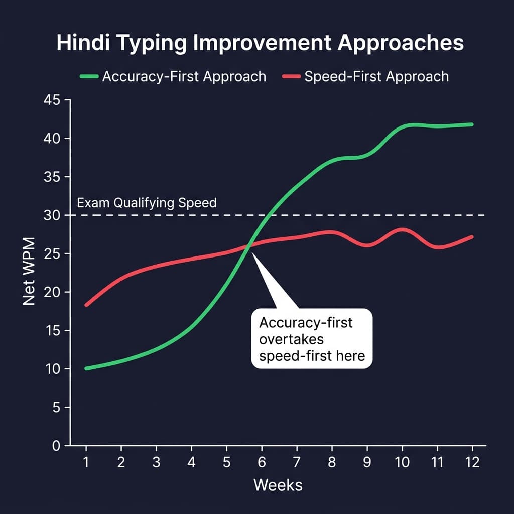 Graph comparing accuracy-first vs speed-first approach in Hindi typing improvement