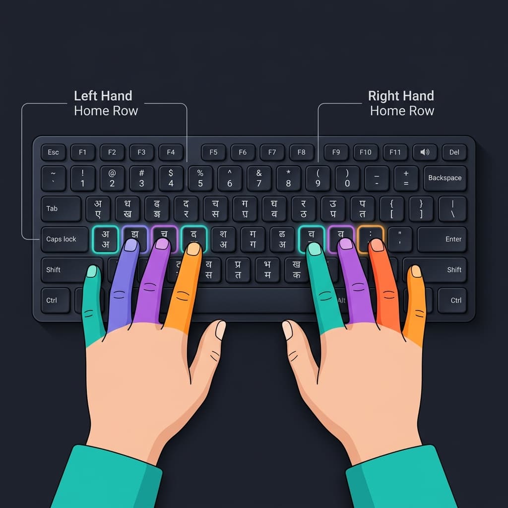 Correct finger placement for Hindi typing showing home row position for touch typing