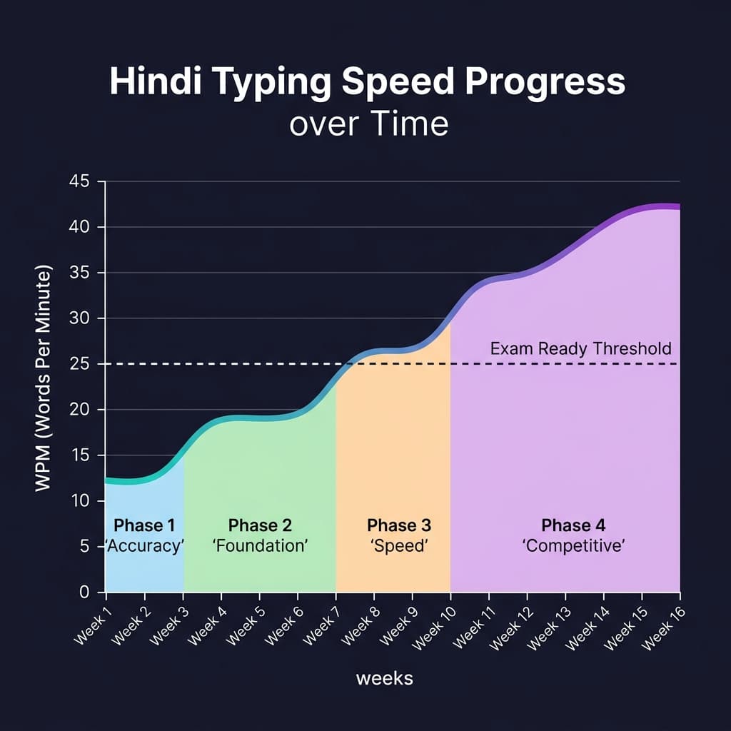 Hindi typing speed progress chart showing WPM growth from beginner 15 WPM to advanced 40 plus WPM