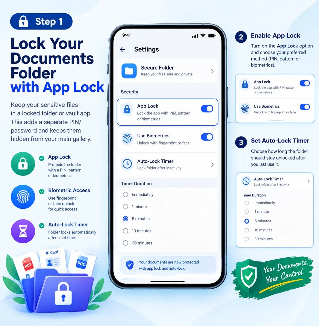 Phone settings screen showing app lock and auto lock timer enabled for document folder