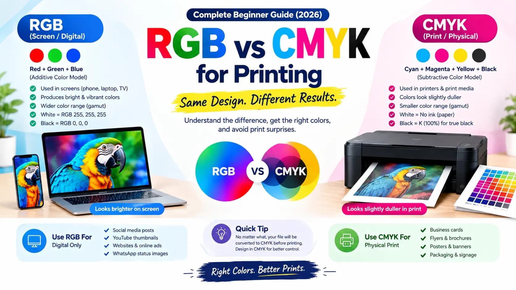 RGB vs CMYK color model comparison showing additive light versus subtractive ink for print design