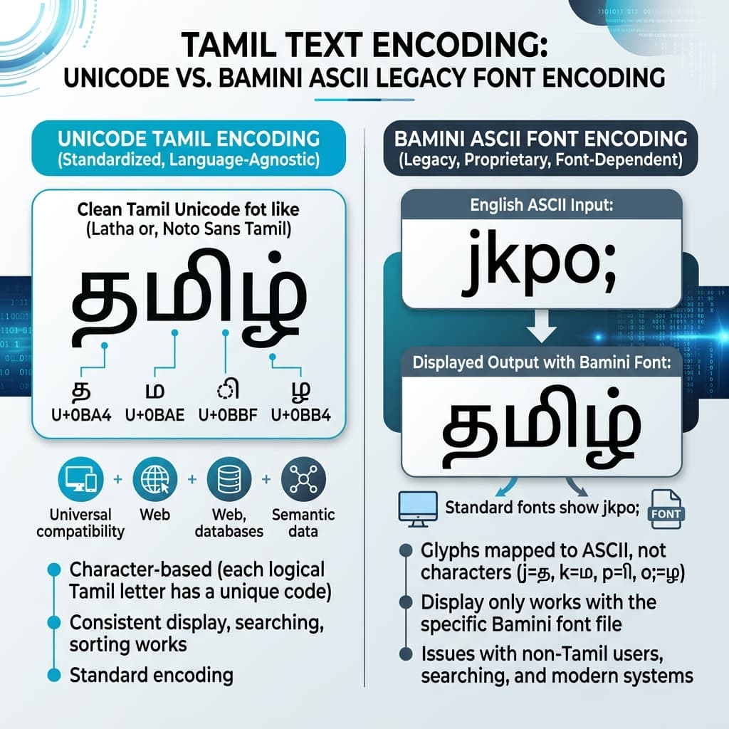 Side-by-side comparison of Unicode Tamil encoding versus Bamini ASCII encoding showing why text appears garbled without the correct font