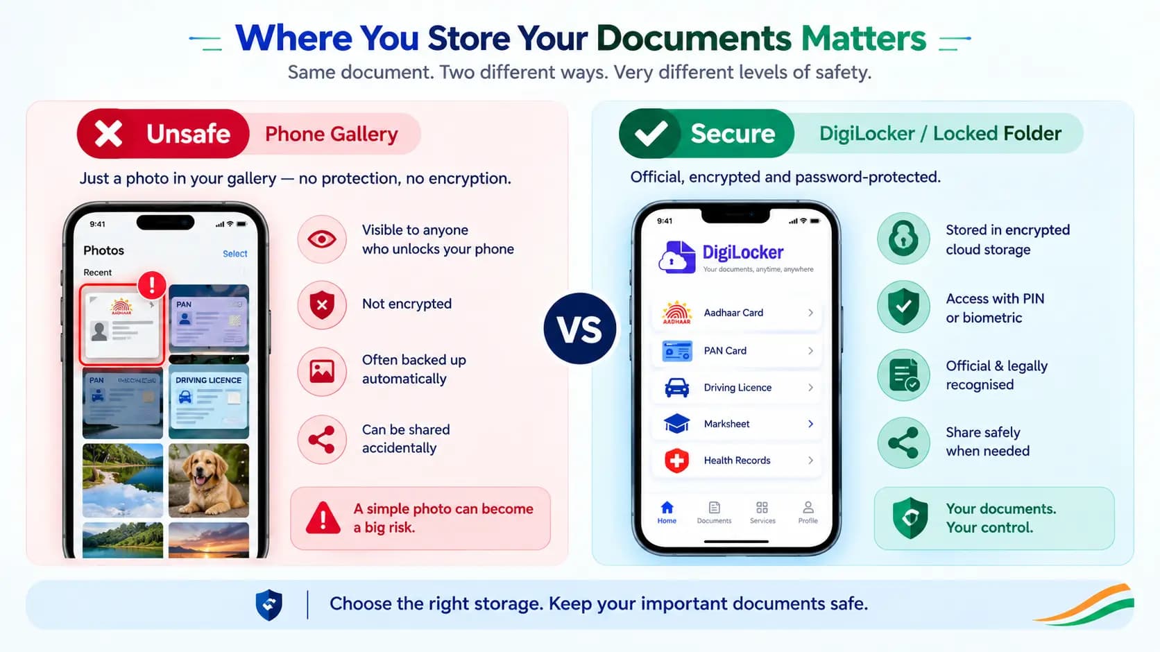 Comparison showing unsafe document storage in phone gallery versus secure storage in DigiLocker