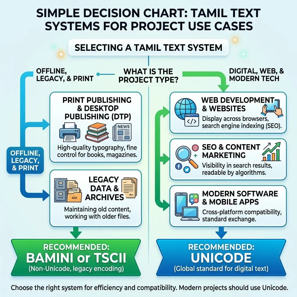 Decision chart for choosing between Bamini TSCII or Unicode for Tamil text projects