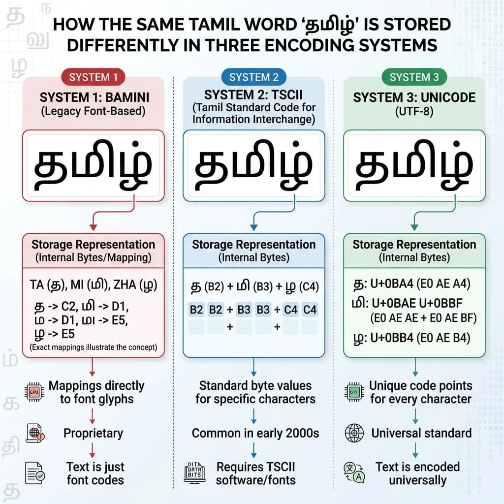 Comparison diagram showing how Tamil text is stored differently in Bamini TSCII and Unicode encoding