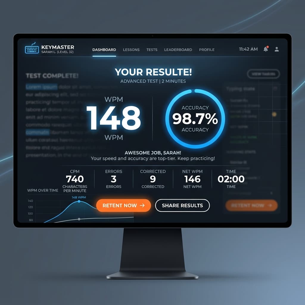 Tamil Bamini typing test result showing WPM and accuracy percentage