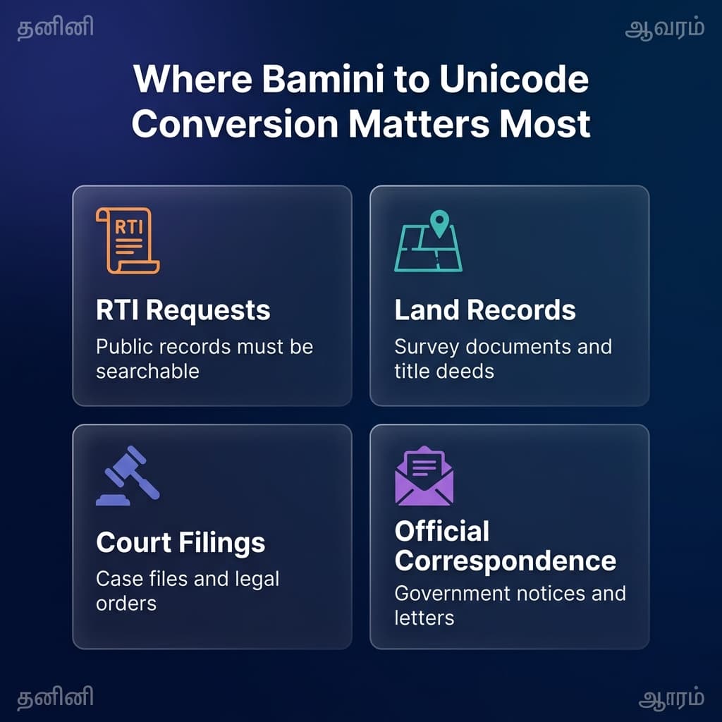 Government and court use cases for converting Tamil records from Bamini to Unicode