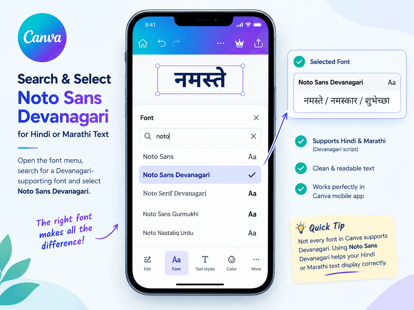 Canva mobile app font menu showing Noto Sans Devanagari font selected for Hindi text