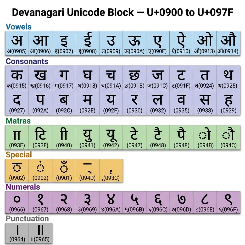 Devanagari Unicode block U+0900 to U+097F showing Hindi character code points