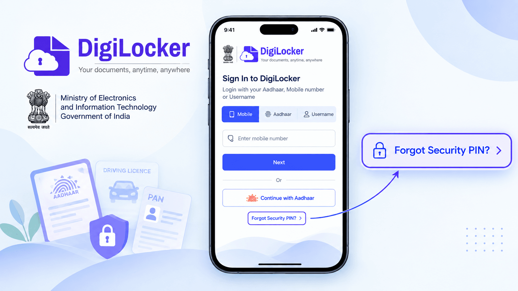 DigiLocker login screen showing Forgot Security PIN option on the official app