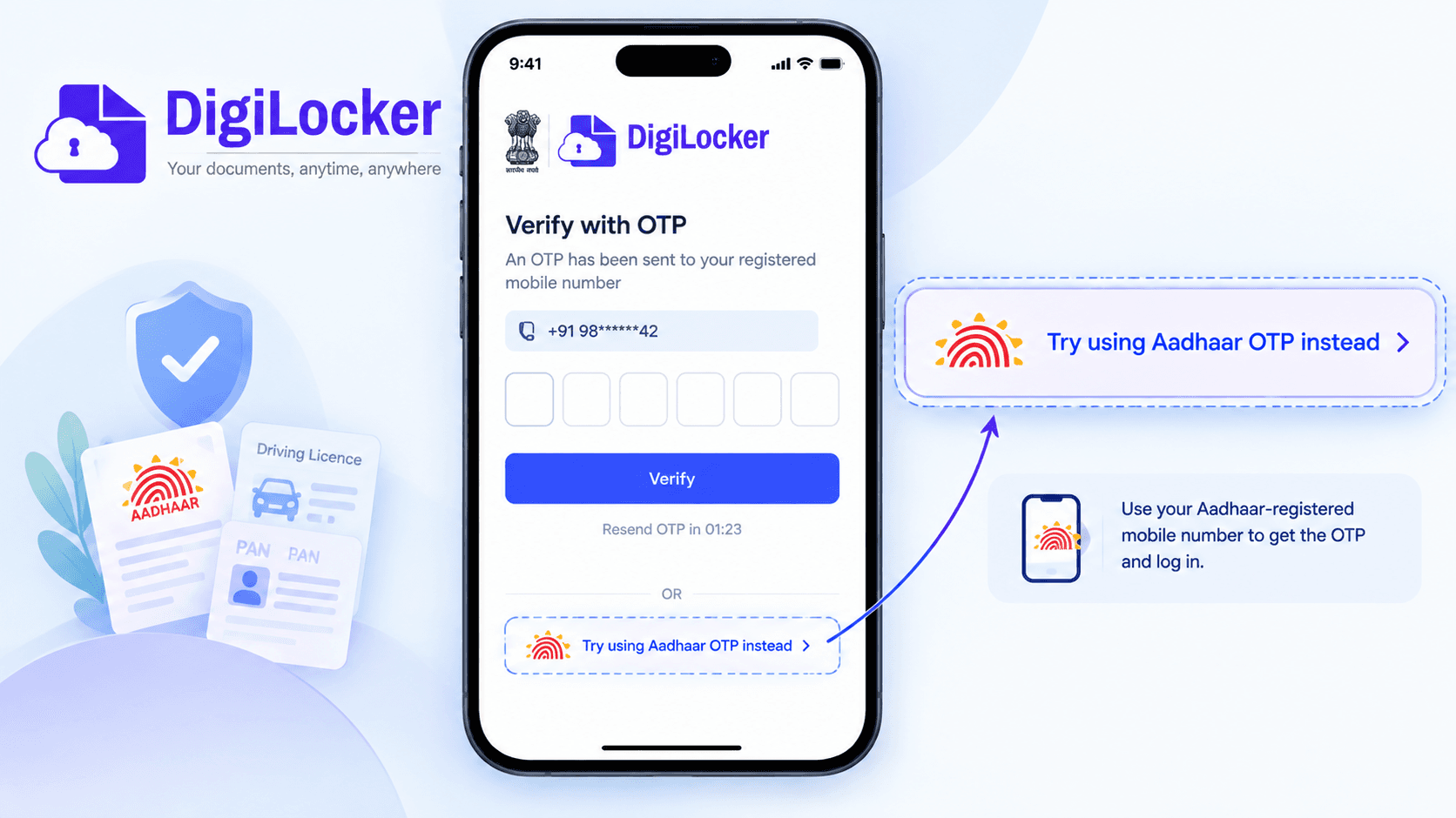 DigiLocker OTP screen showing the Try using Aadhaar OTP instead option at the bottom of the page