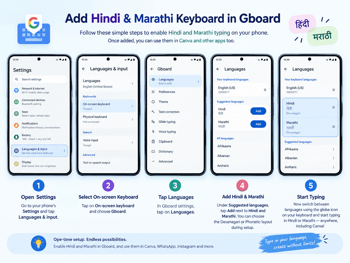 Gboard keyboard settings showing Hindi and Marathi language options being added for typing