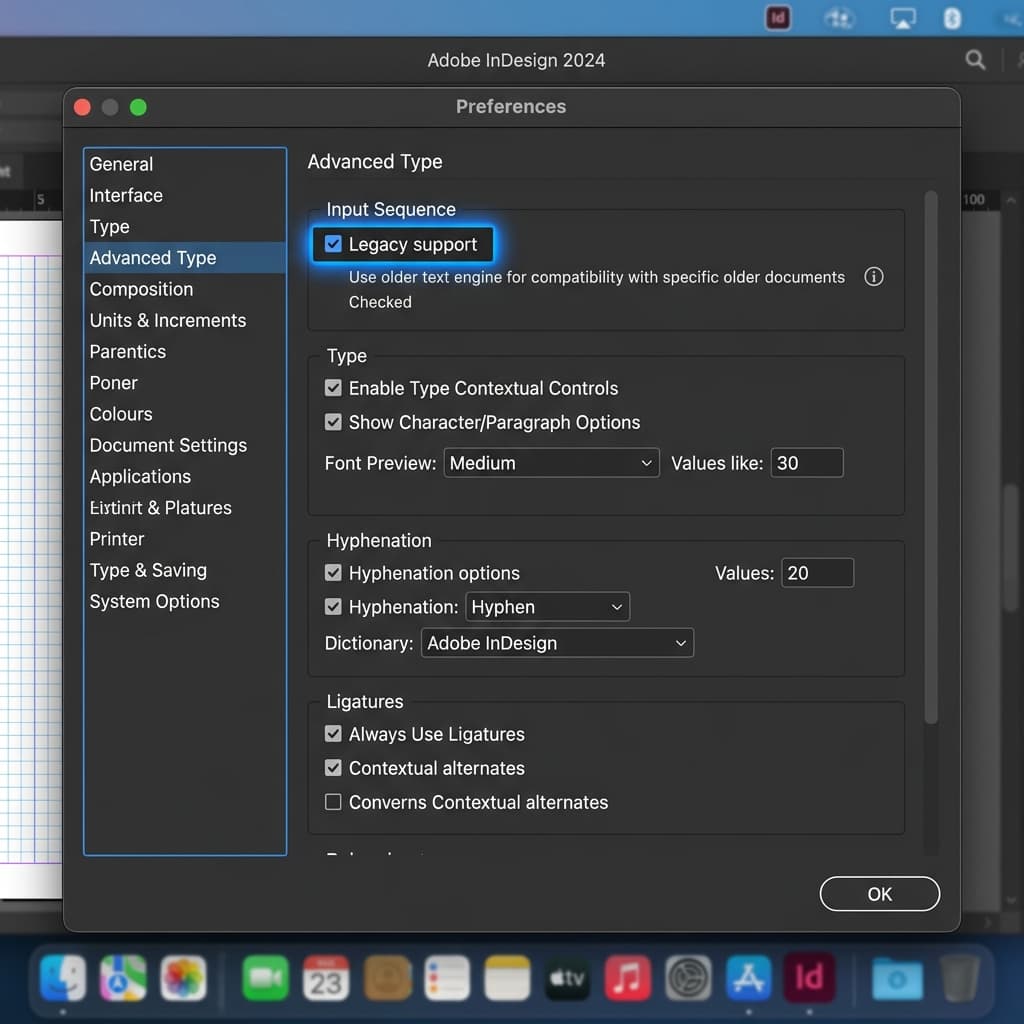 Adobe InDesign 2024 2025 Preferences Advanced Type panel showing Legacy support toggle for Hindi font fix