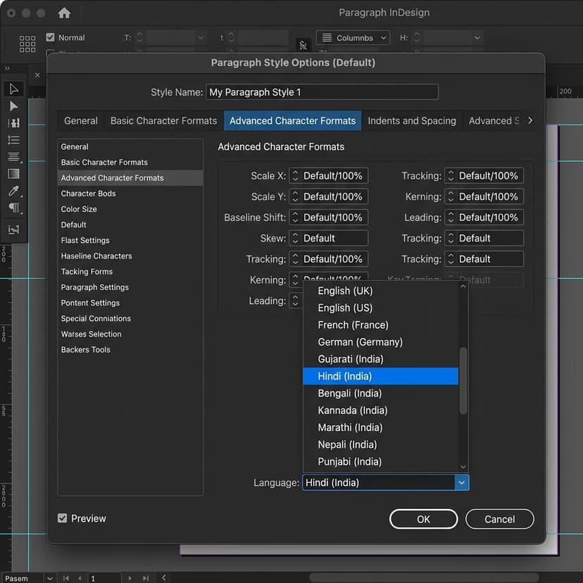 InDesign Advanced Character Formats panel showing language dropdown set to Hindi India for correct Devanagari rendering