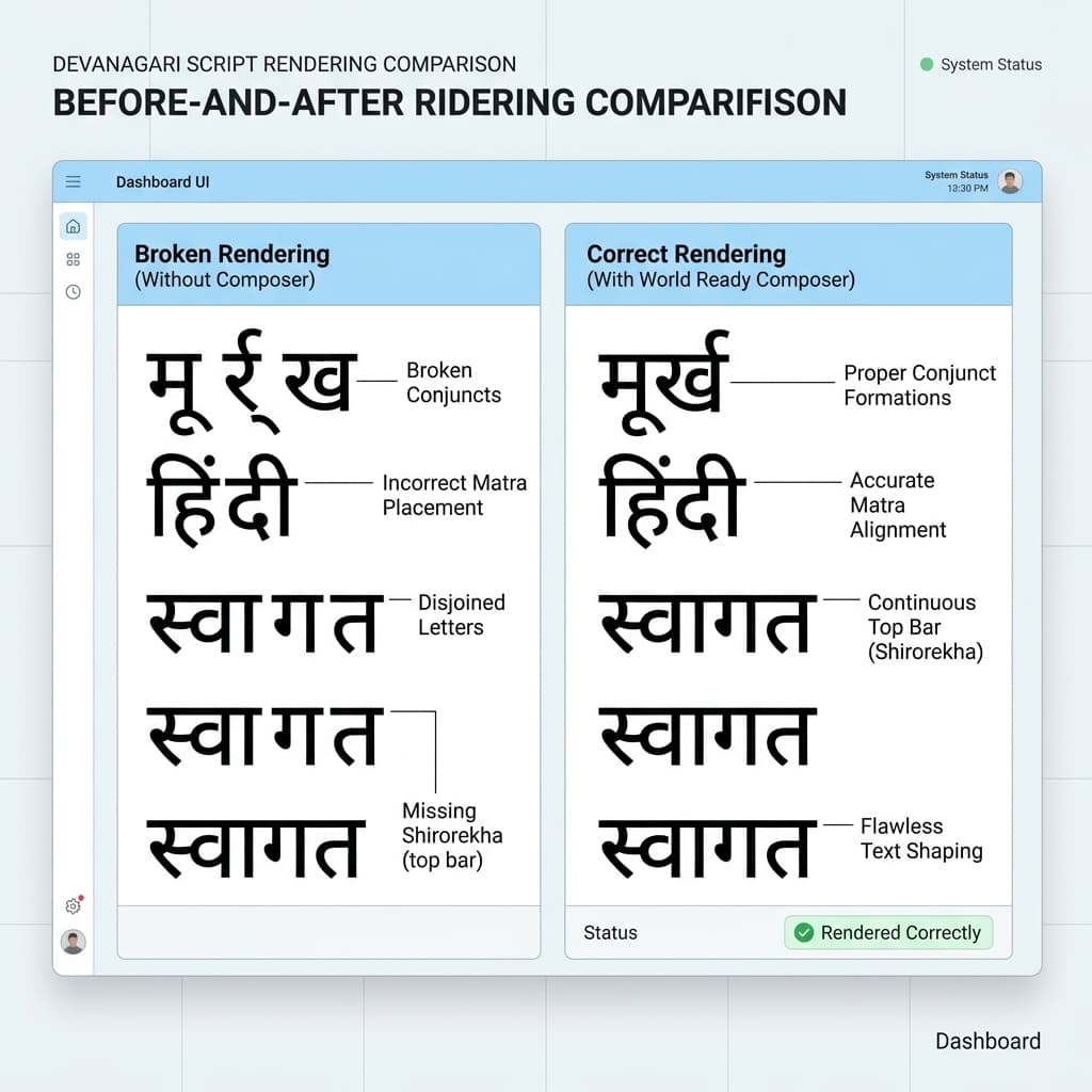 InDesign Hindi conjunct rendering broken before fix versus correctly formed conjuncts after World Ready Composer enabled