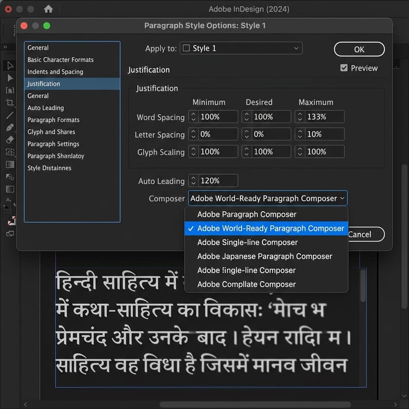 Adobe InDesign Paragraph Styles window with Adobe World Ready Paragraph Composer selected for Hindi Devanagari text