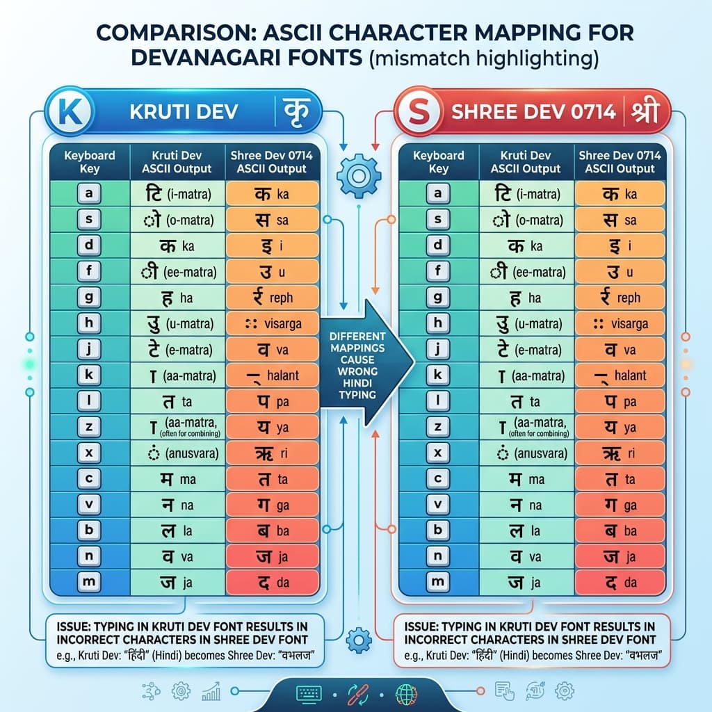ASCII character mapping comparison between Kruti Dev and Shree Dev 0714 showing different key positions