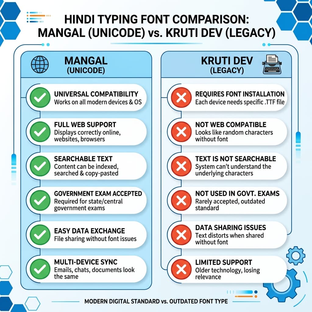 Comparison of Mangal Unicode font vs Kruti Dev legacy font for Hindi typing