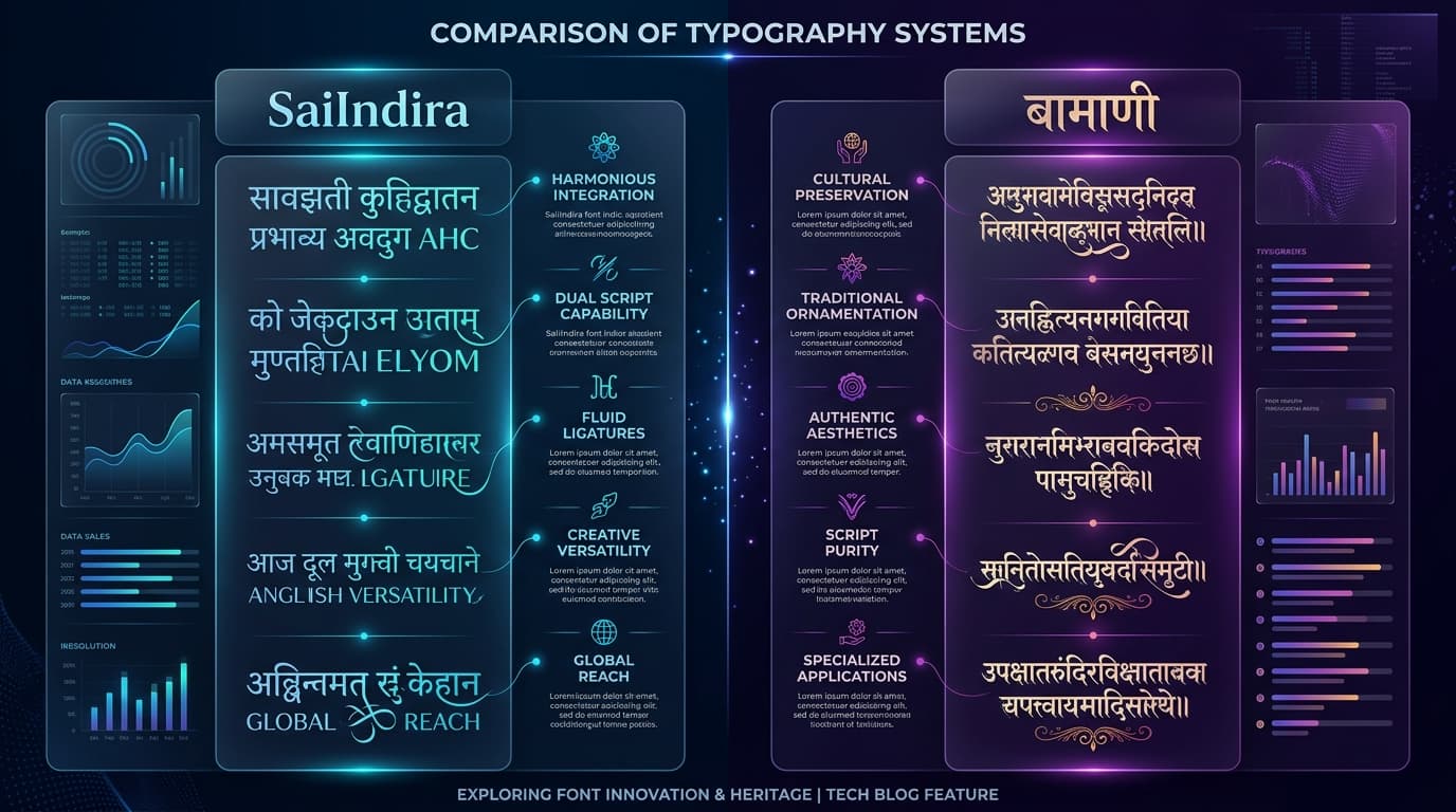 Comparison of the same Tamil sentence typed in SaiIndira font versus Bamini font