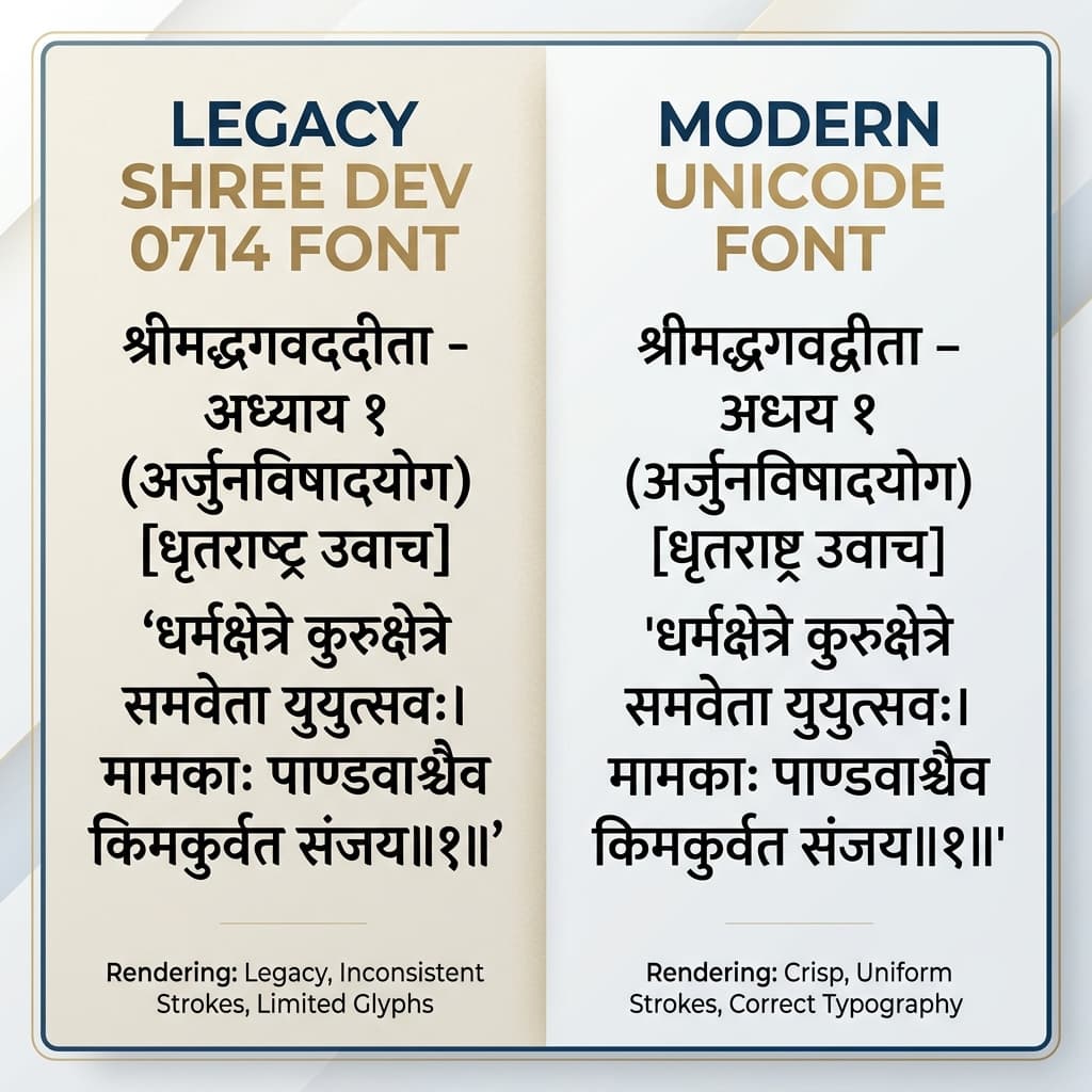 Comparison of Marathi text in Shree Dev 0714 legacy font versus Unicode Mangal font