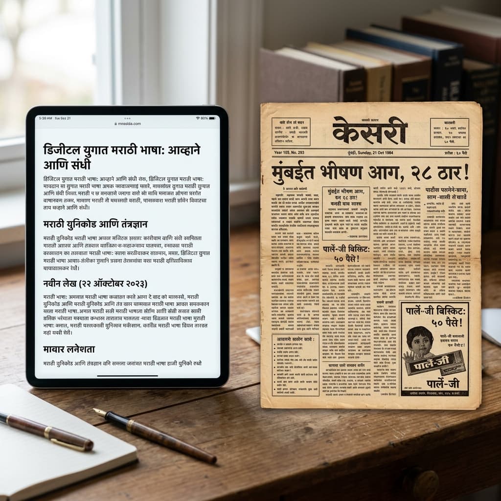 Comparison between legacy Shree Dev 0708 Marathi font in print and modern Unicode Marathi text on digital screen