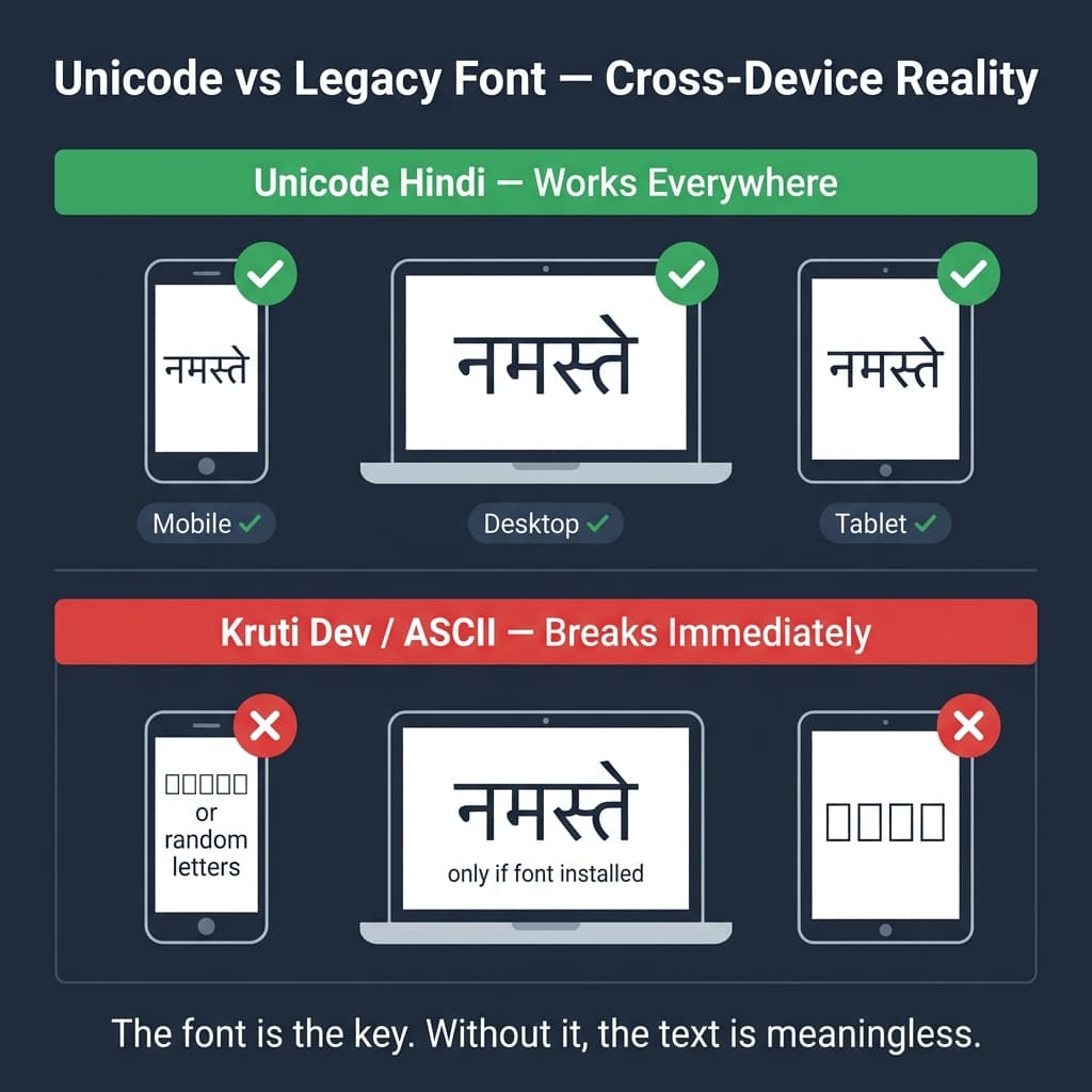 Unicode Hindi text displaying correctly across mobile and desktop versus Kruti Dev showing boxes on unsupported device