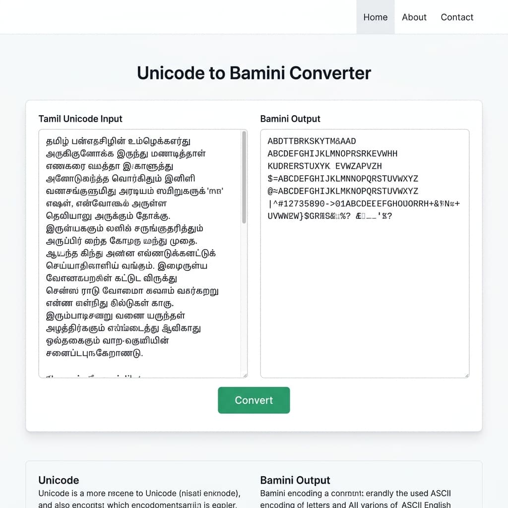 Unicode to Bamini converter tool showing Tamil Unicode input and Bamini encoded output