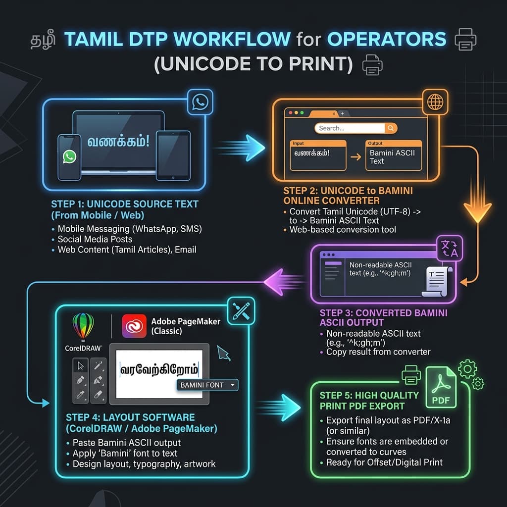 Flow diagram showing Unicode Tamil text converting separately into Bamini TAB and TAM formats
