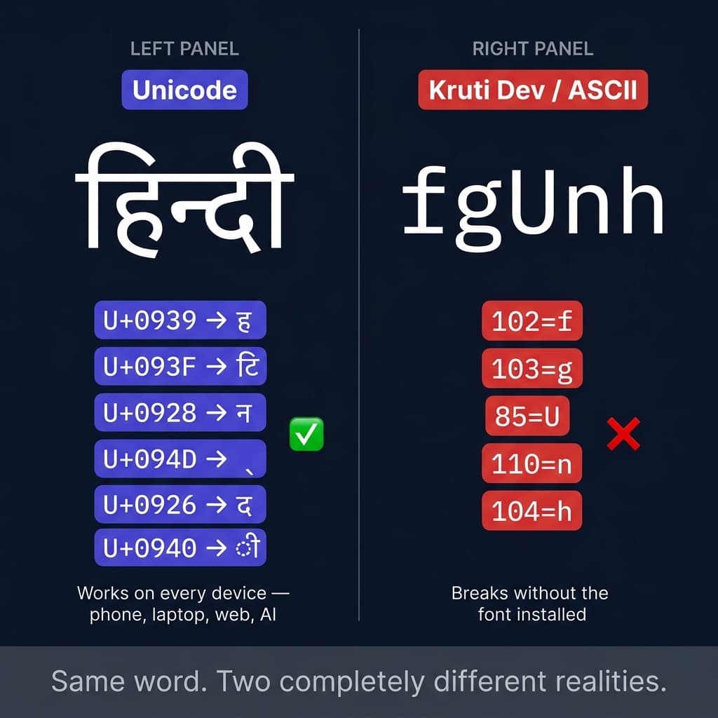Comparison showing Hindi word stored as Unicode codepoints versus ASCII gibberish in Kruti Dev encoding