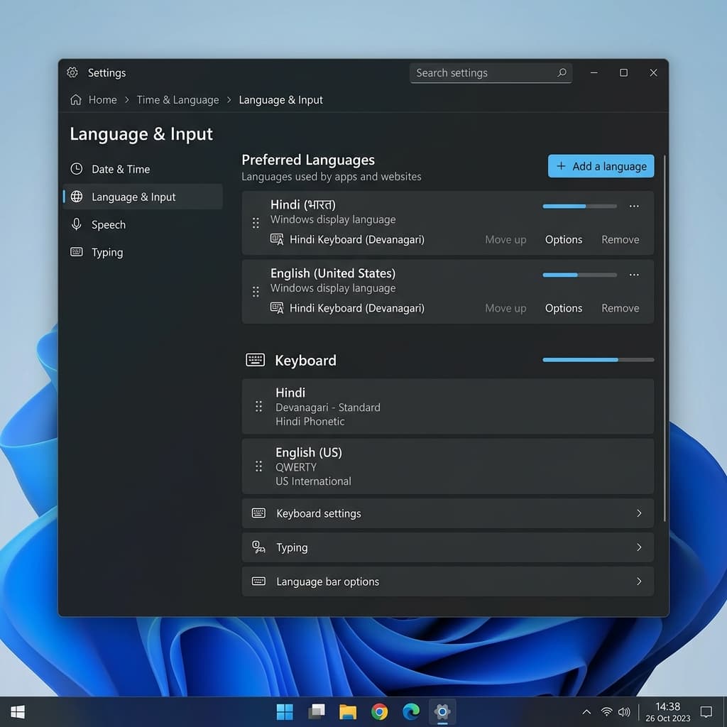 Windows 11 Settings panel showing Hindi Remington Gail keyboard setup using Microsoft Indic Input 3 for CISF typing